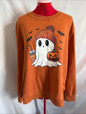 Women’s Orange Halloween Ghost Graphic Crewneck Sweater